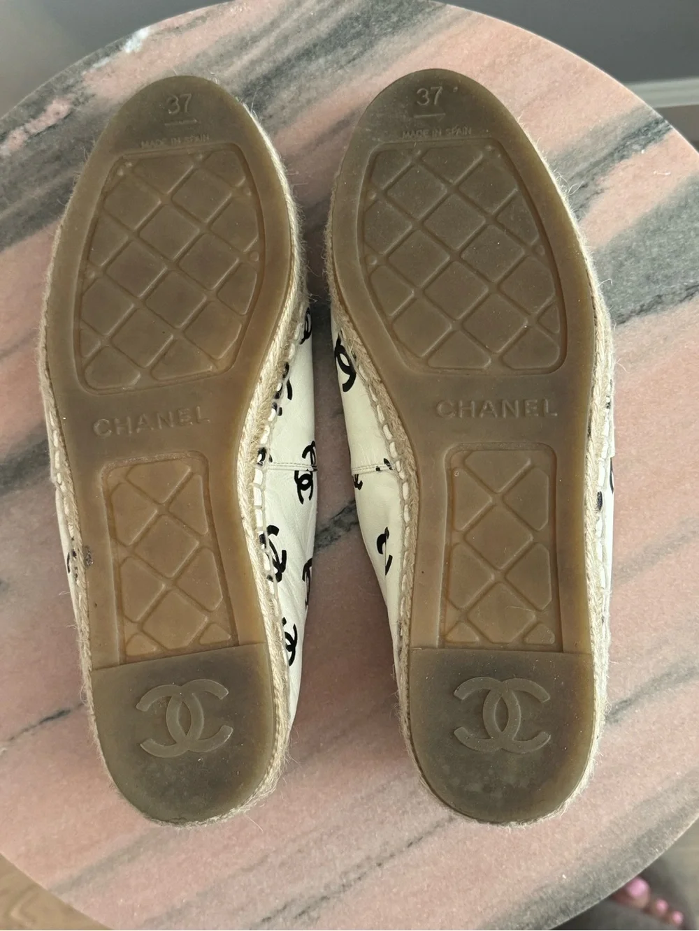 CHANEL Cream Espadrilles with Black Toe Caps and Logo Print